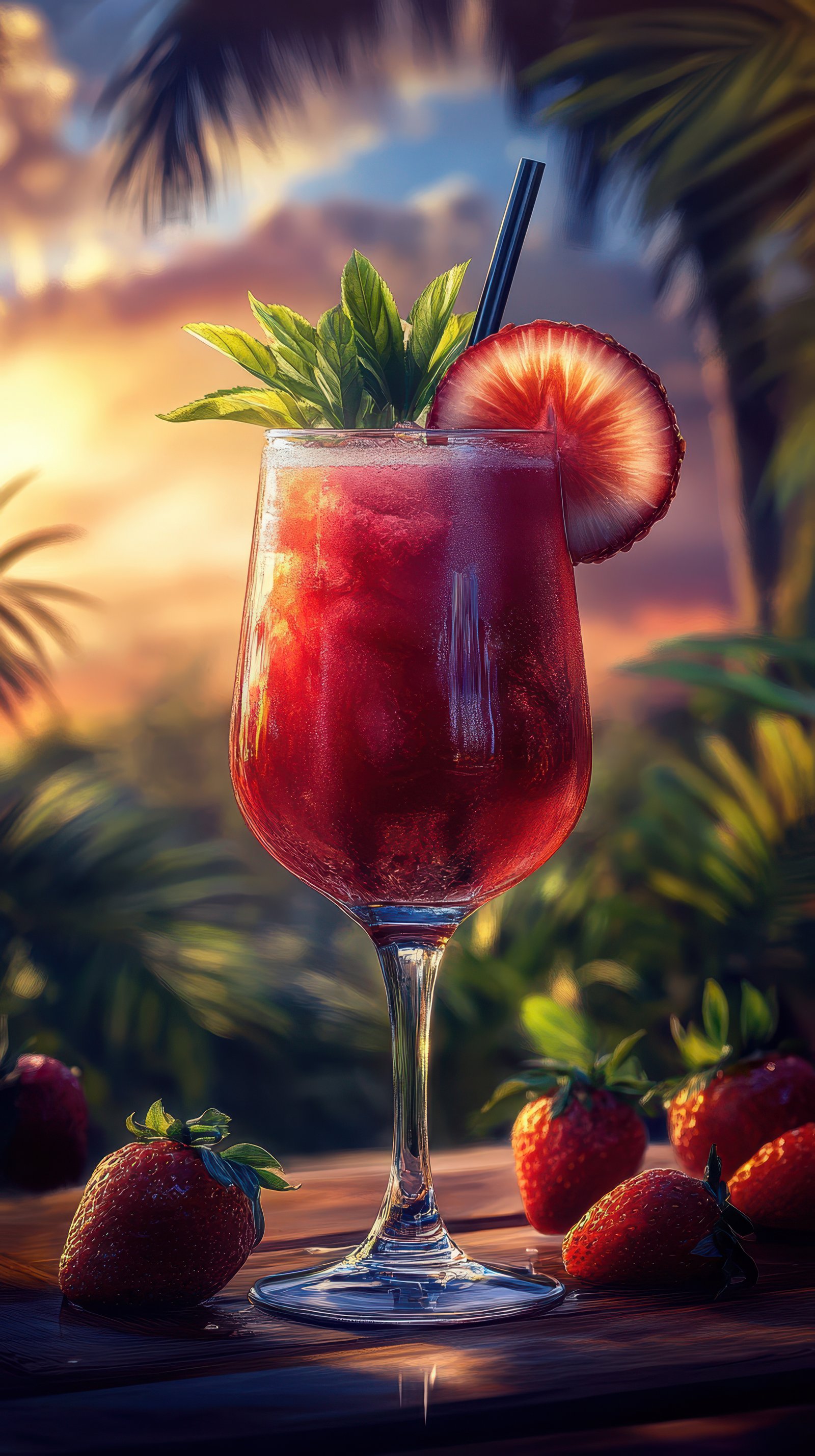 Refreshing tropical cocktail garnished with fresh fruit and mint in a serene outdoor setting during sunset